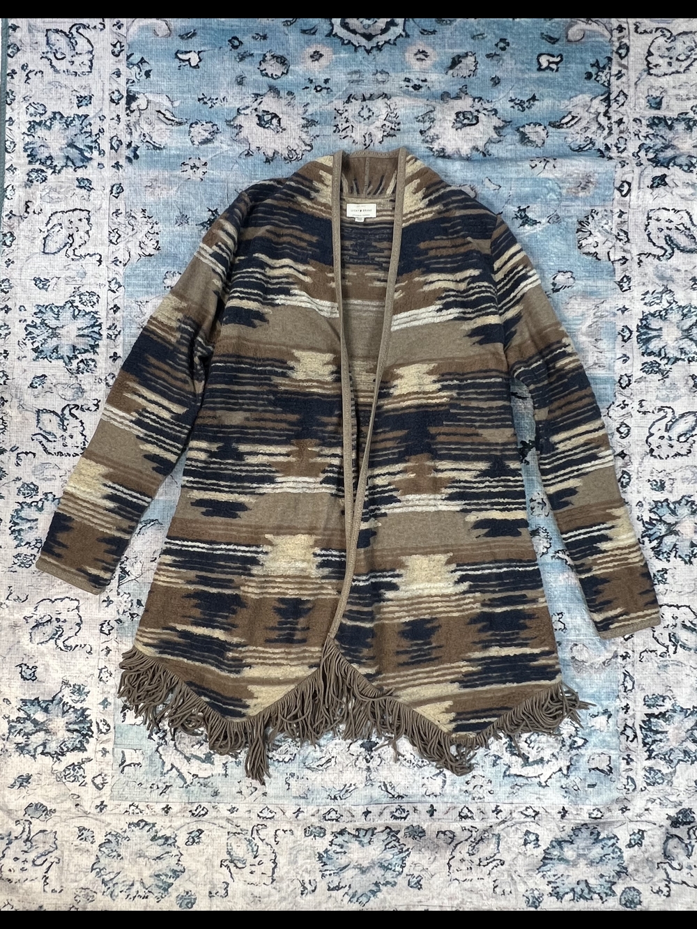 Lucky Brand Brown Tan‎ Navy Patterned Fringe Open-Front Cardigan